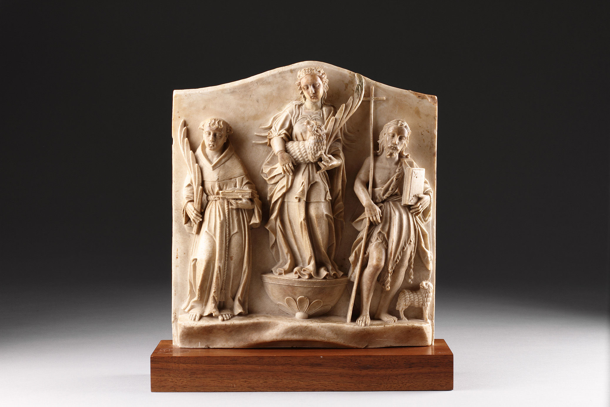 Finely Carved Netherlandish Alabaster Devotional Relief Depicting Saint Agnes of Rome